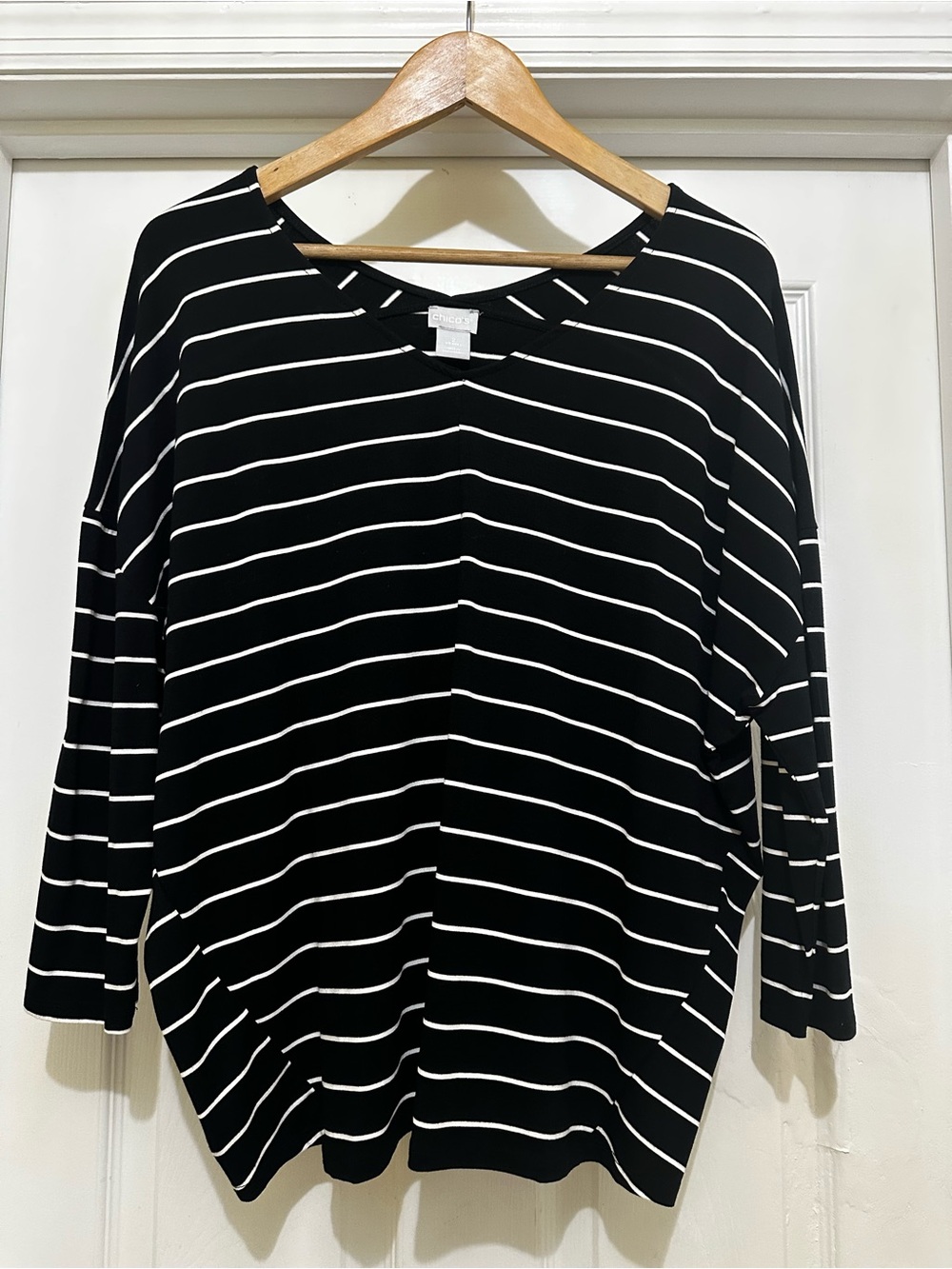 Chico's Black and White Striped Long Sleeve Top Size Large